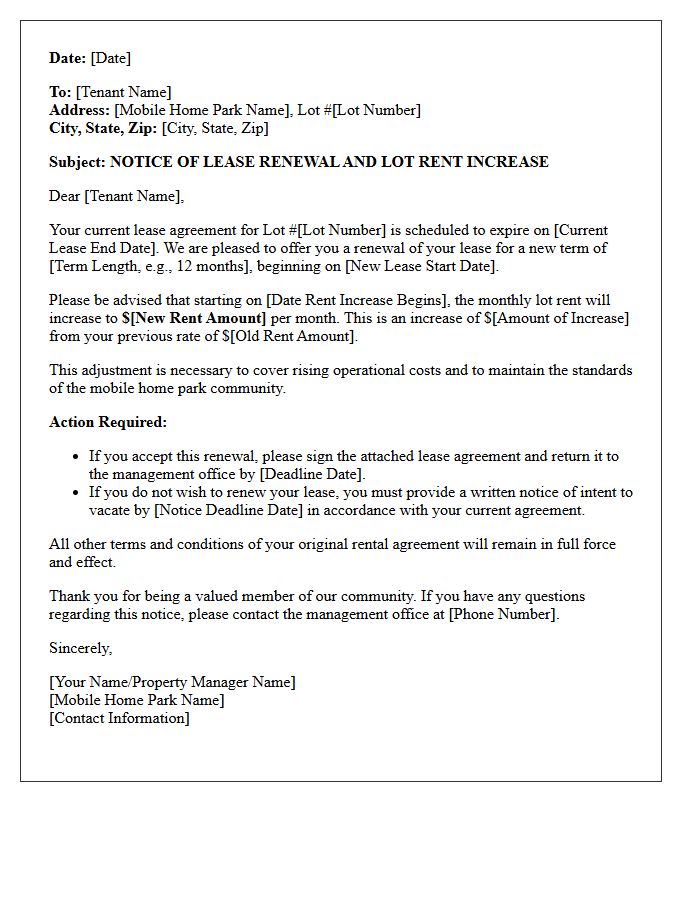 Lease Renewal Mobile Home Park Lot Rent Increase Notice Letter