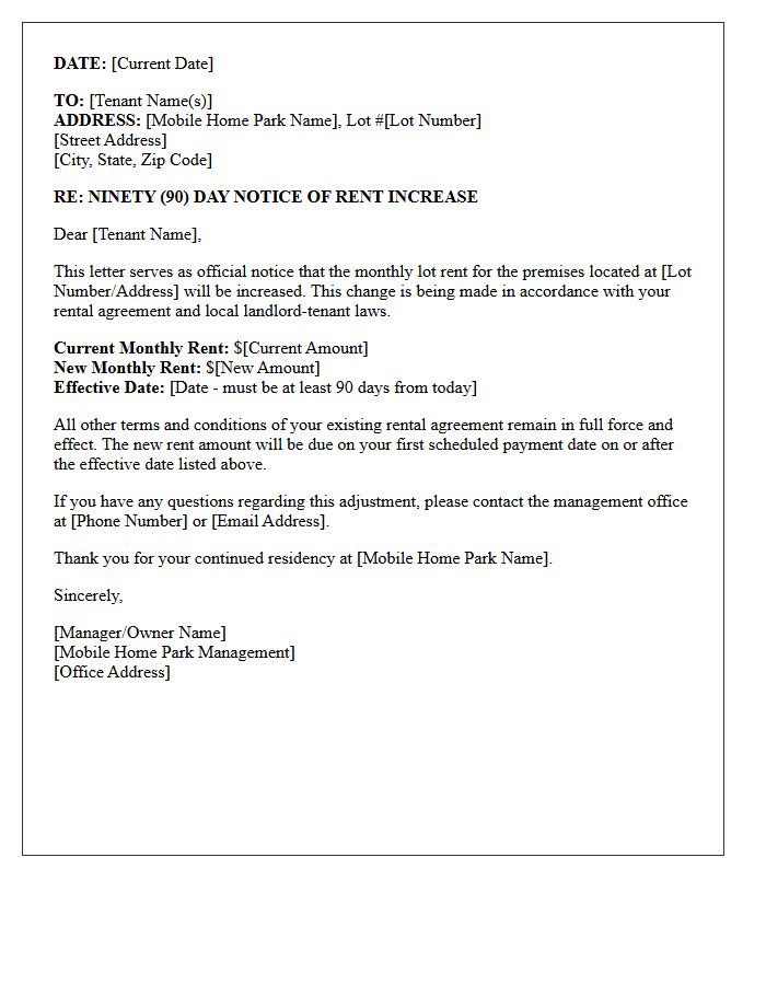 Ninety-Day Mobile Home Park Lot Rent Increase Notice Letter