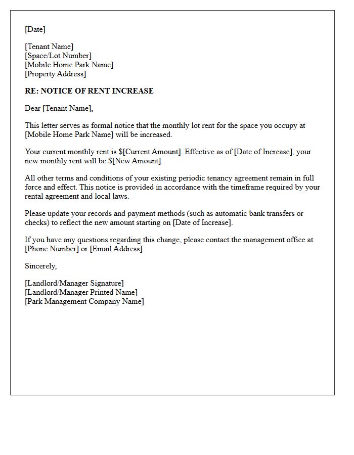 Periodic Tenancy Mobile Home Park Lot Rent Increase Notice Letter