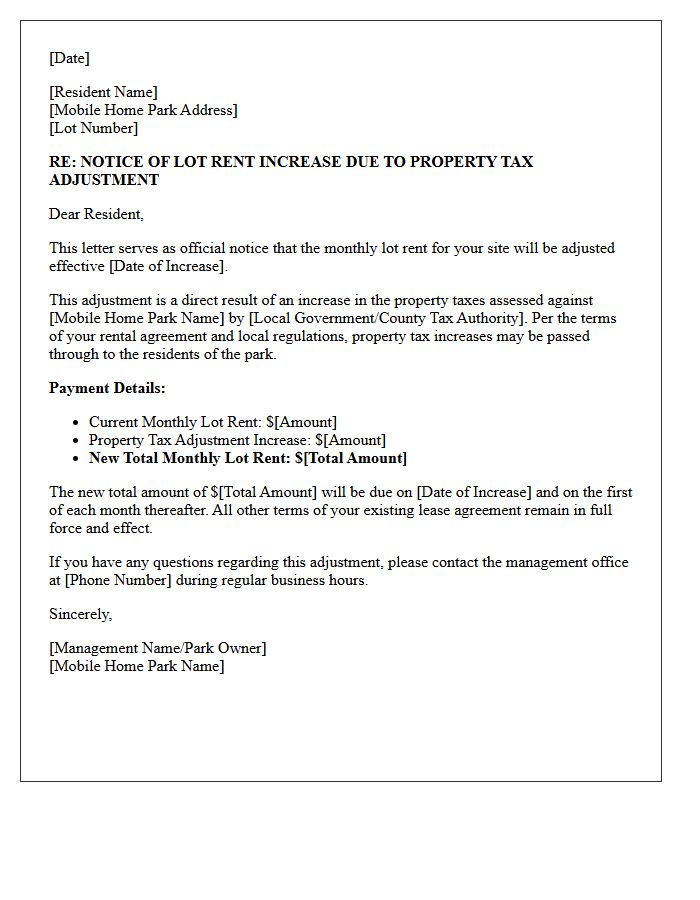 Property Tax Adjustment Mobile Home Park Lot Rent Increase Notice Letter