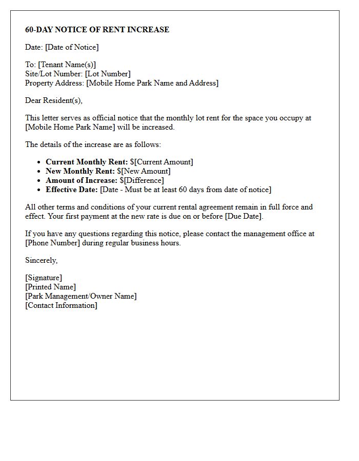 Sixty-Day Mobile Home Park Lot Rent Increase Notice Letter