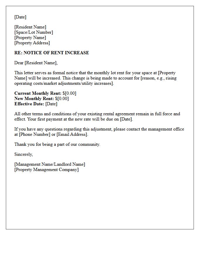 Standard Mobile Home Park Lot Rent Increase Notice Letter