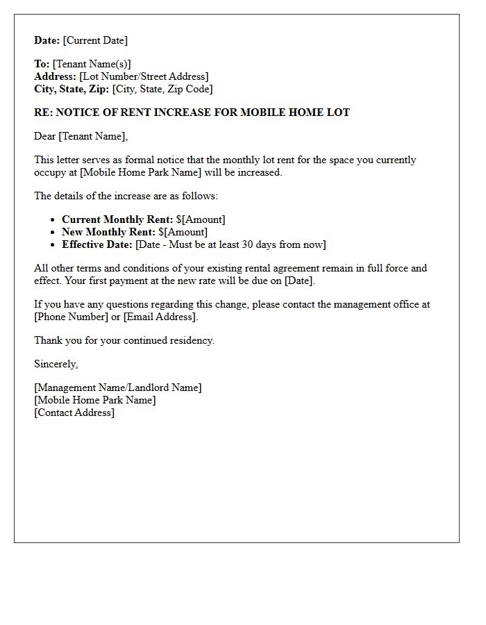 Thirty-Day Mobile Home Park Lot Rent Increase Notice Letter