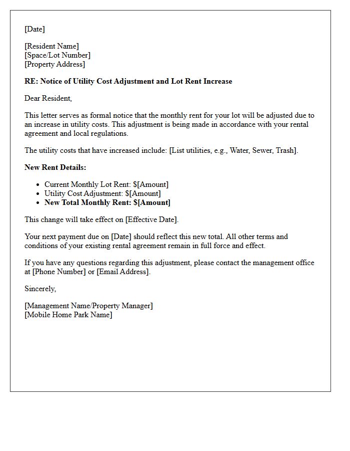 Utility Cost Adjustment Mobile Home Park Lot Rent Increase Notice Letter