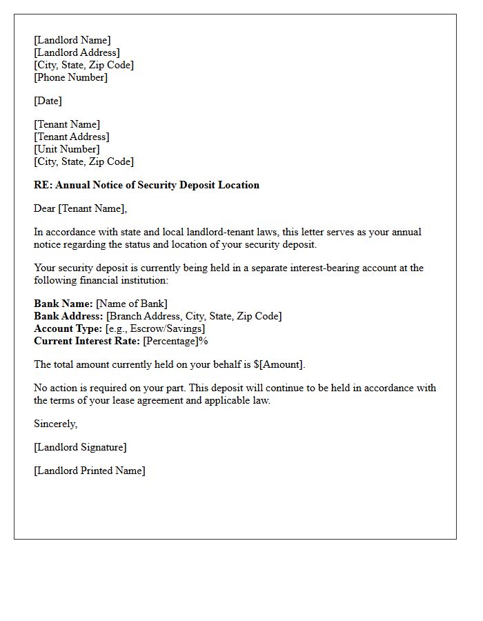 Annual Notice of Security Deposit Bank Location Letter