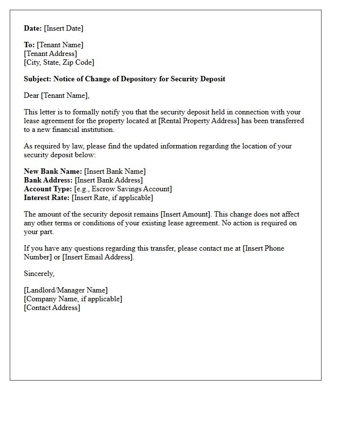 Change of Bank Account for Security Deposit Notice Letter