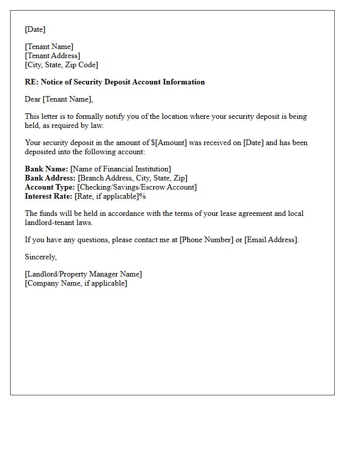 Initial Notice of Security Deposit Bank Account Letter