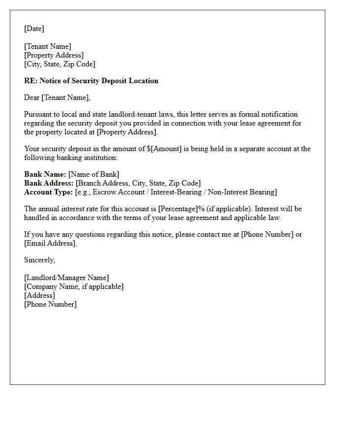 Letter of Notice for Security Deposit Bank Location