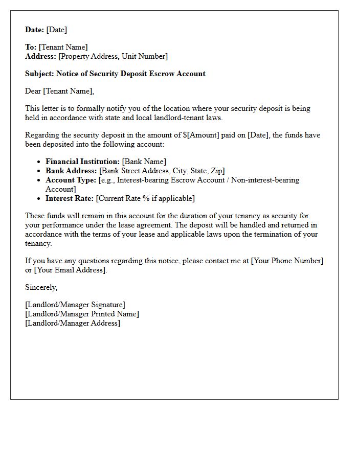 Letter of Security Deposit Escrow Location Notice