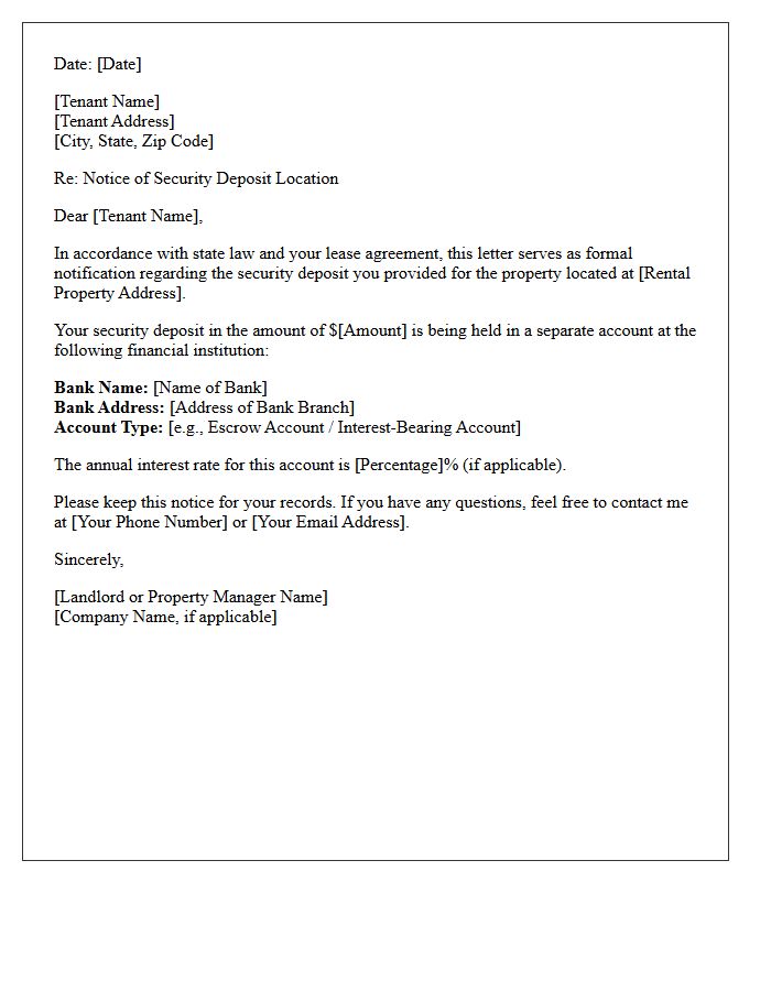 Letter Regarding Security Deposit Bank Account Location