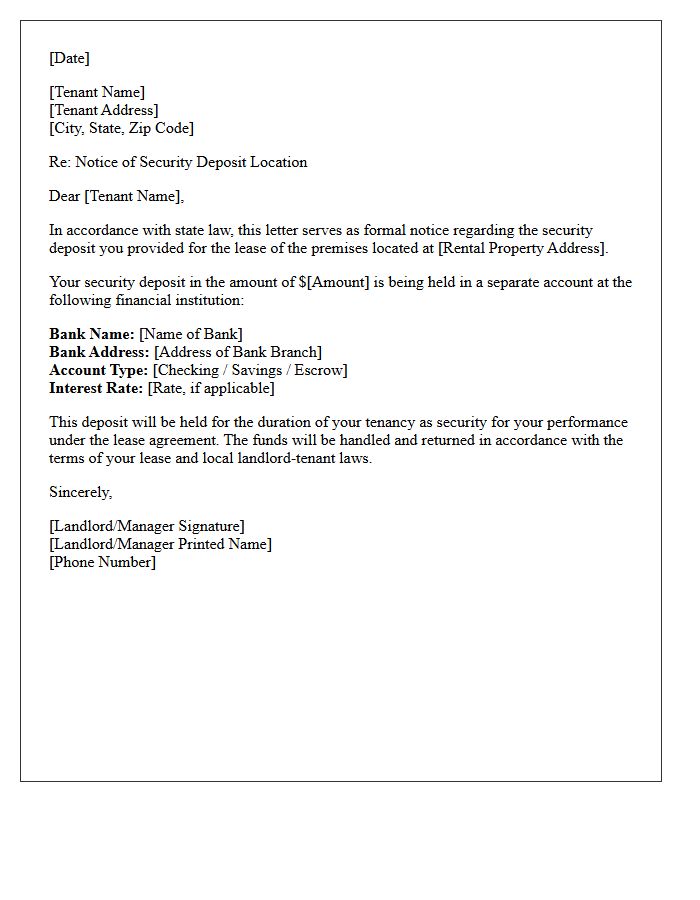 Notice of Security Deposit Bank Account Location Letter