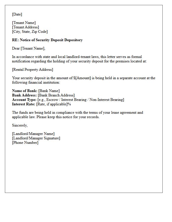 Notification Letter of Security Deposit Depository Institution