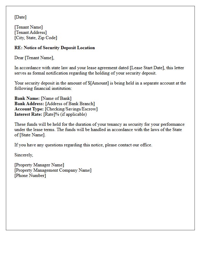 Property Management Security Deposit Bank Notice Letter