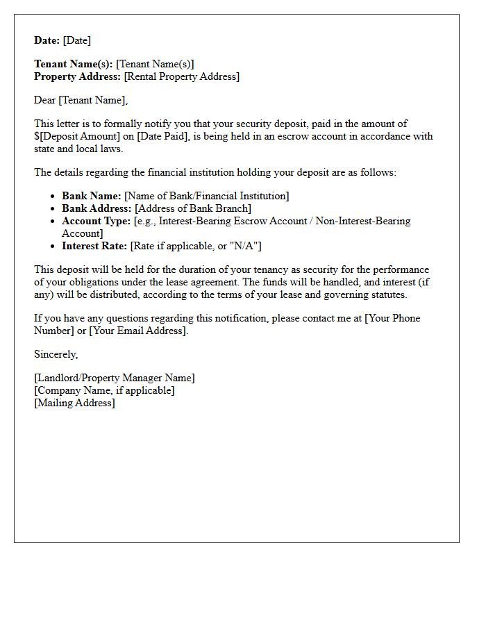 Security Deposit Escrow Account Notification Letter