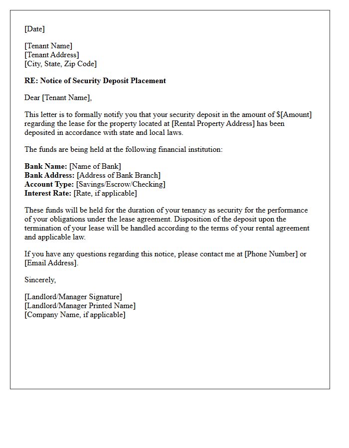 Tenant Notice of Security Deposit Placement Letter