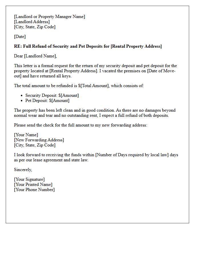 Combined Pet and Security Deposit Full Refund Letter