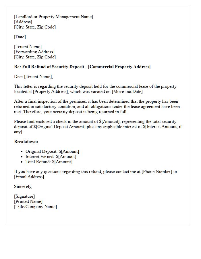 Commercial Property Security Deposit Full Refund Letter