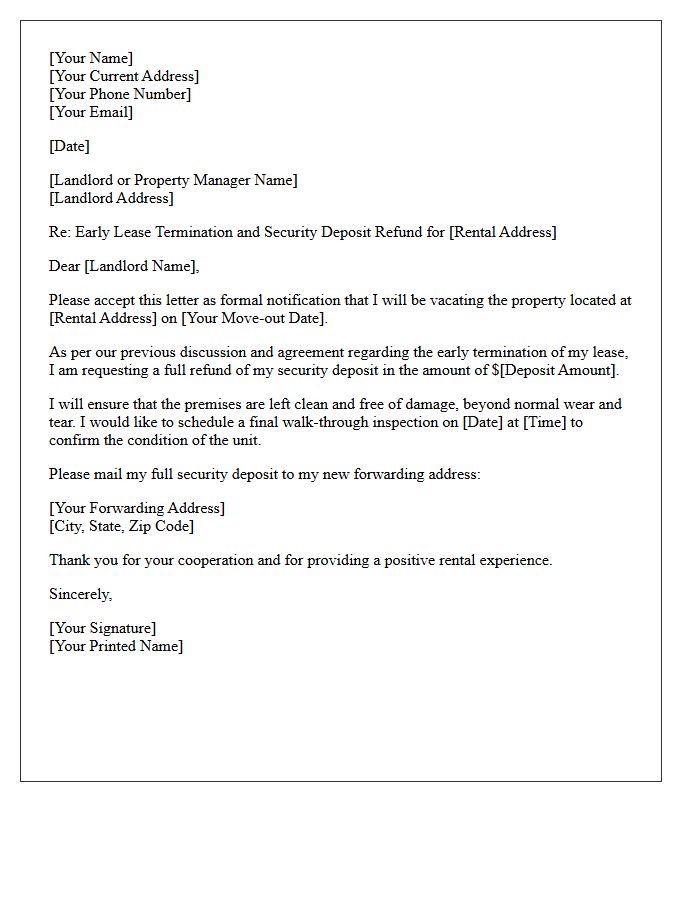 Early Lease Termination Security Deposit Full Refund Letter