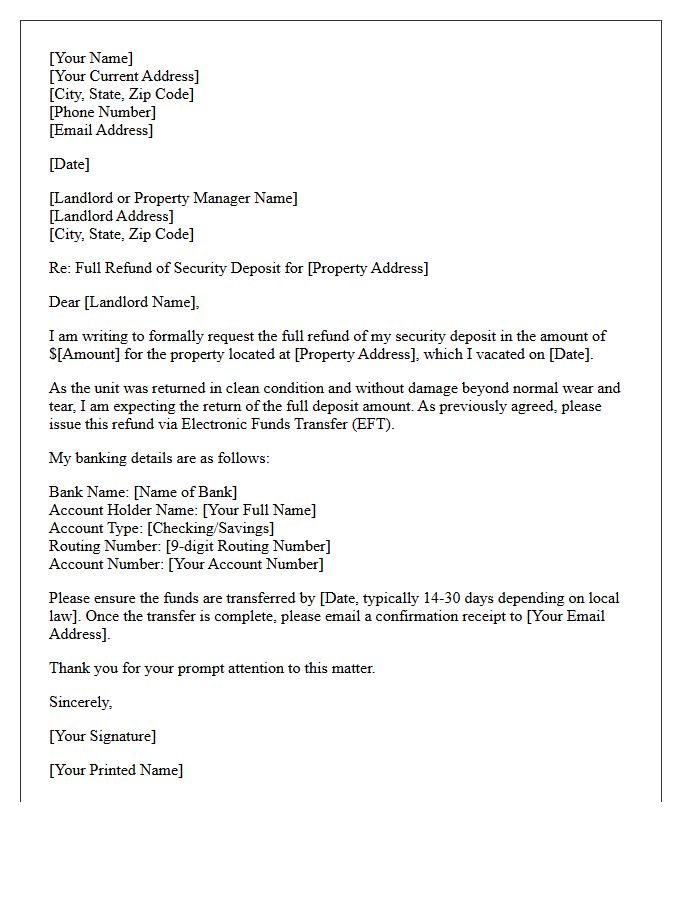 Electronic Funds Transfer Security Deposit Full Refund Letter