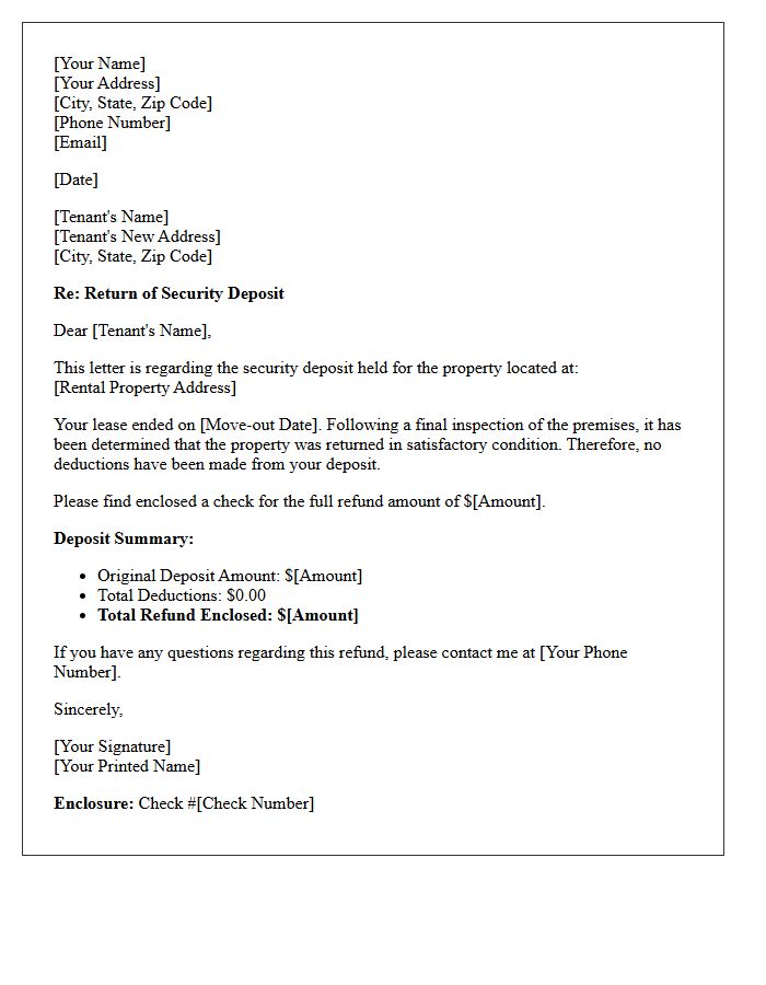 Enclosed Check Security Deposit Full Refund Notice Letter
