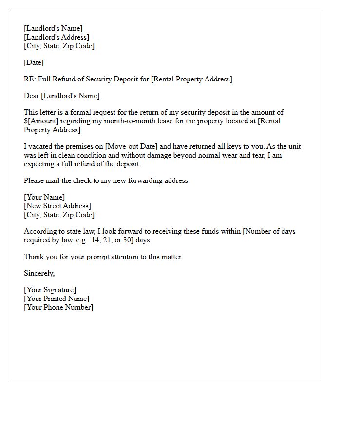Month-to-Month Lease Security Deposit Full Refund Letter