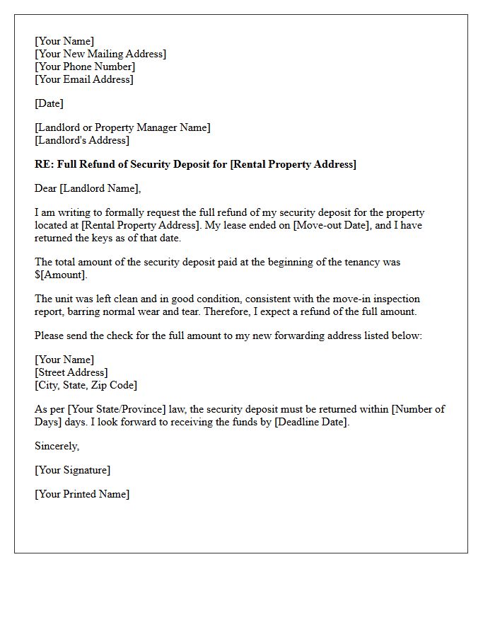 Residential Tenancy Security Deposit Full Refund Letter