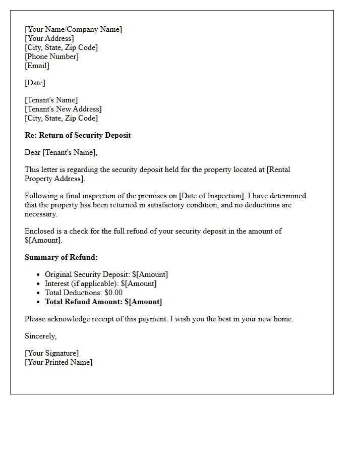Security Deposit Full Refund Notice Letter