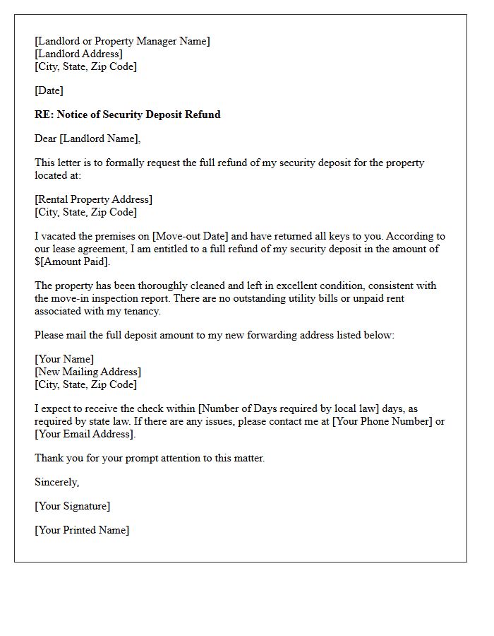 Tenant Move-Out Security Deposit Full Refund Letter
