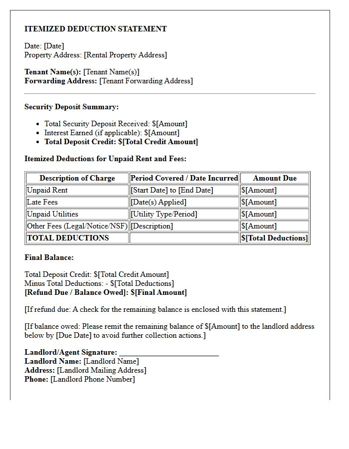 Itemized Deduction Statement For Unpaid Rent Or Fees