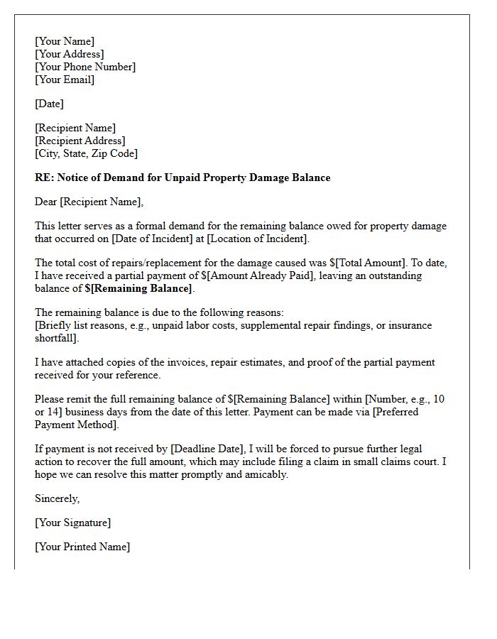 Demand Letter for Remaining Property Damage Balance