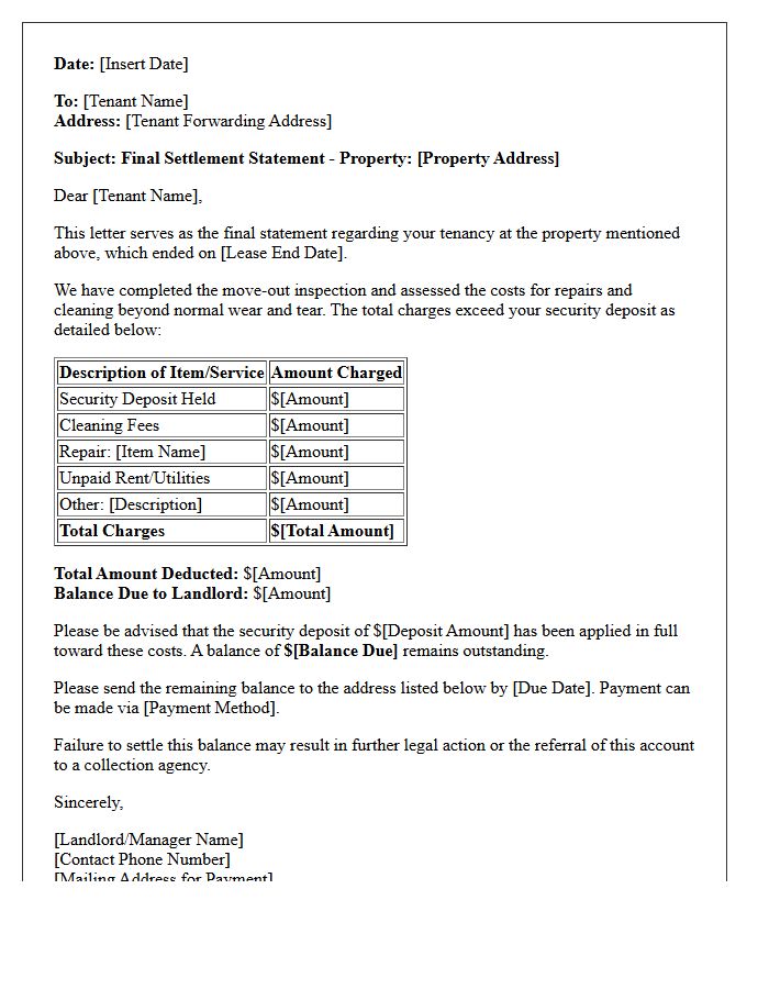 Final Settlement Letter for Exceeded Security Deposit