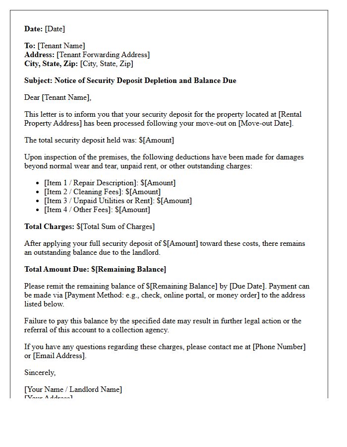 Notice of Security Deposit Depletion and Balance Due Letter