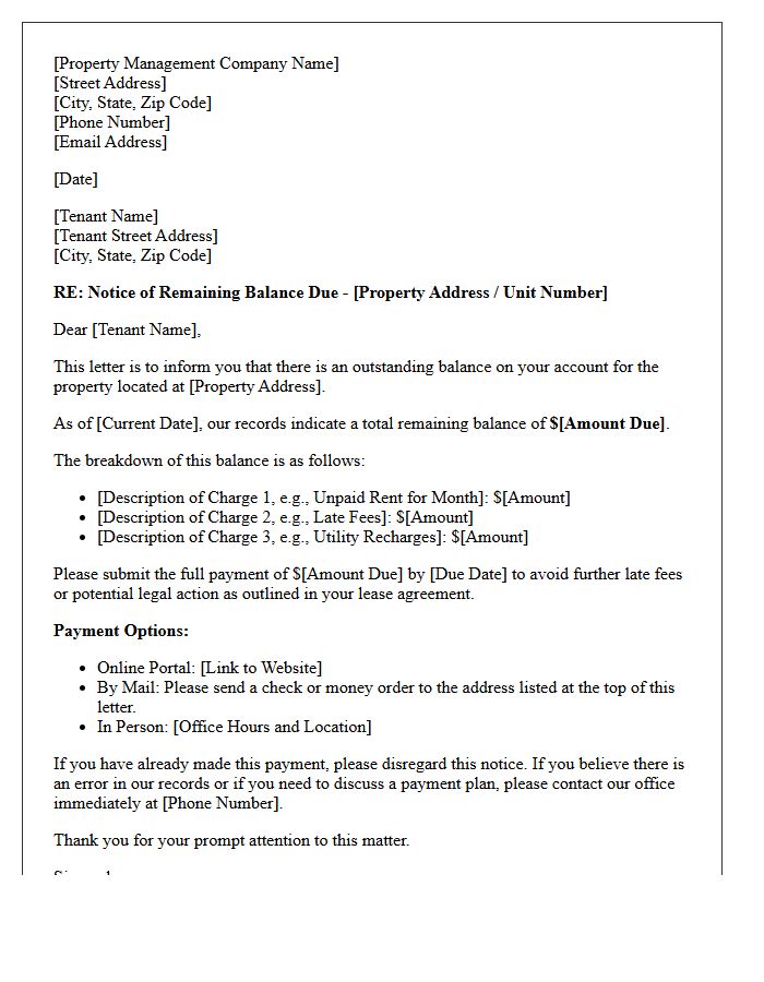 Property Management Letter for Remaining Balance Due