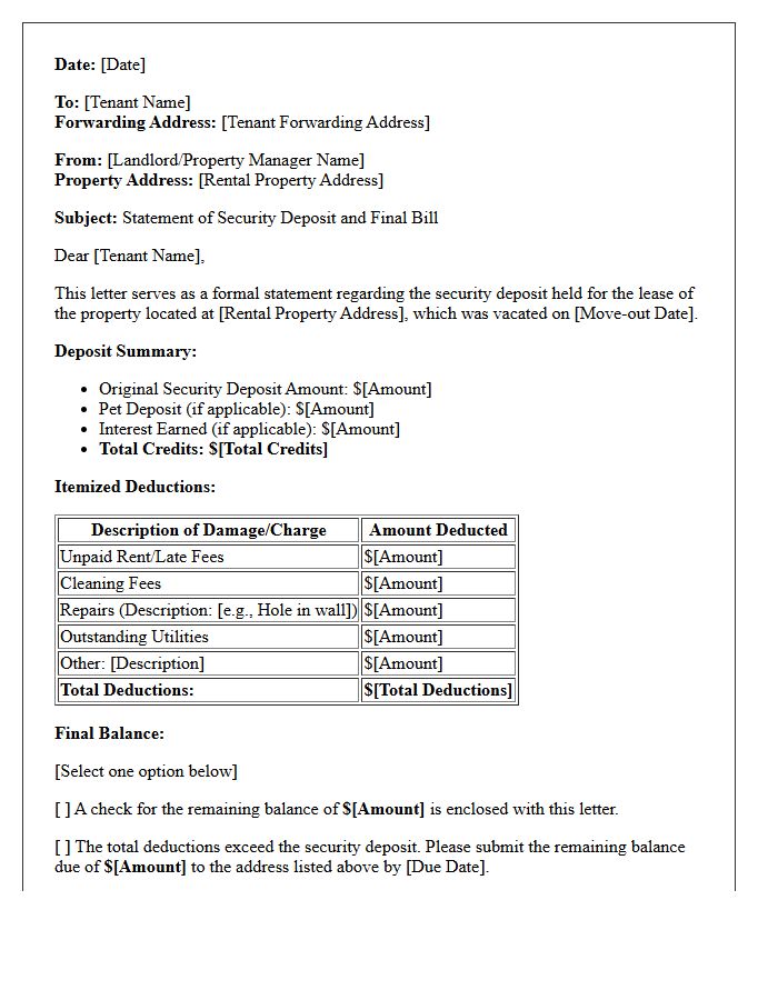 Security Deposit Deduction and Final Bill Letter