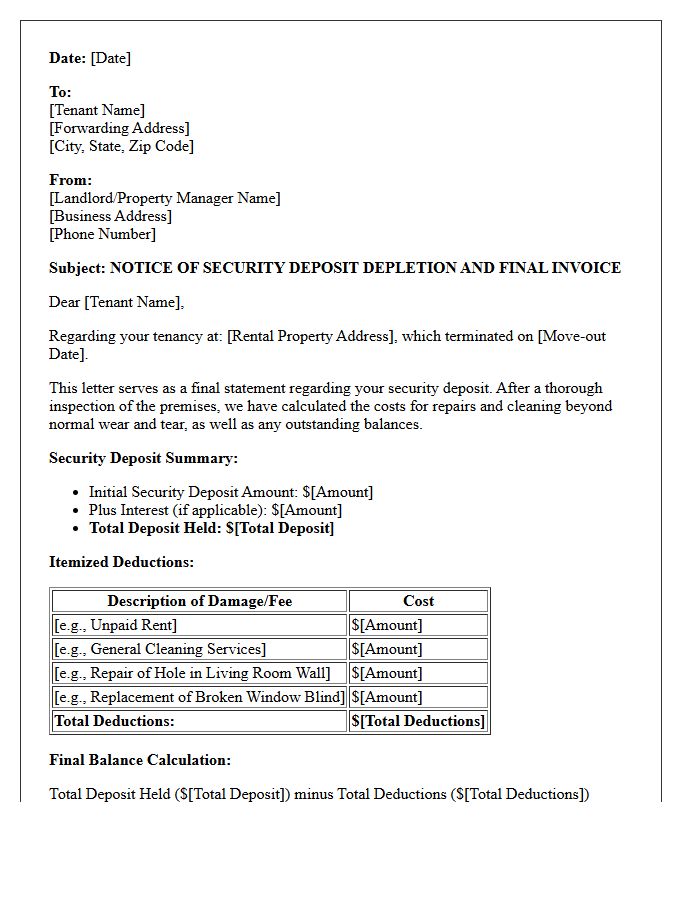Security Deposit Depletion Letter and Final Invoice