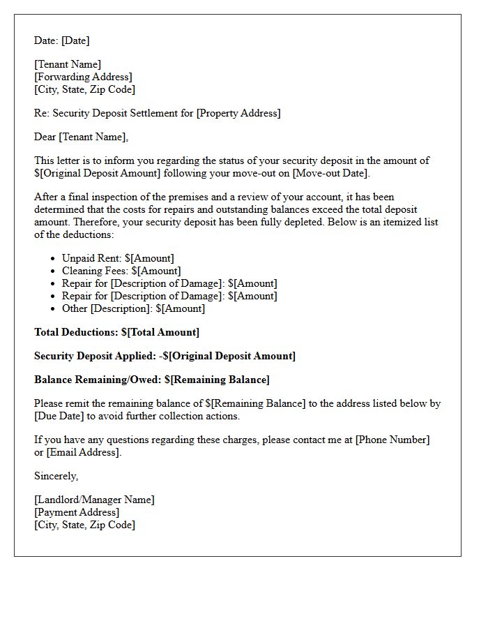 Tenant Move-Out Letter for Depleted Security Deposit