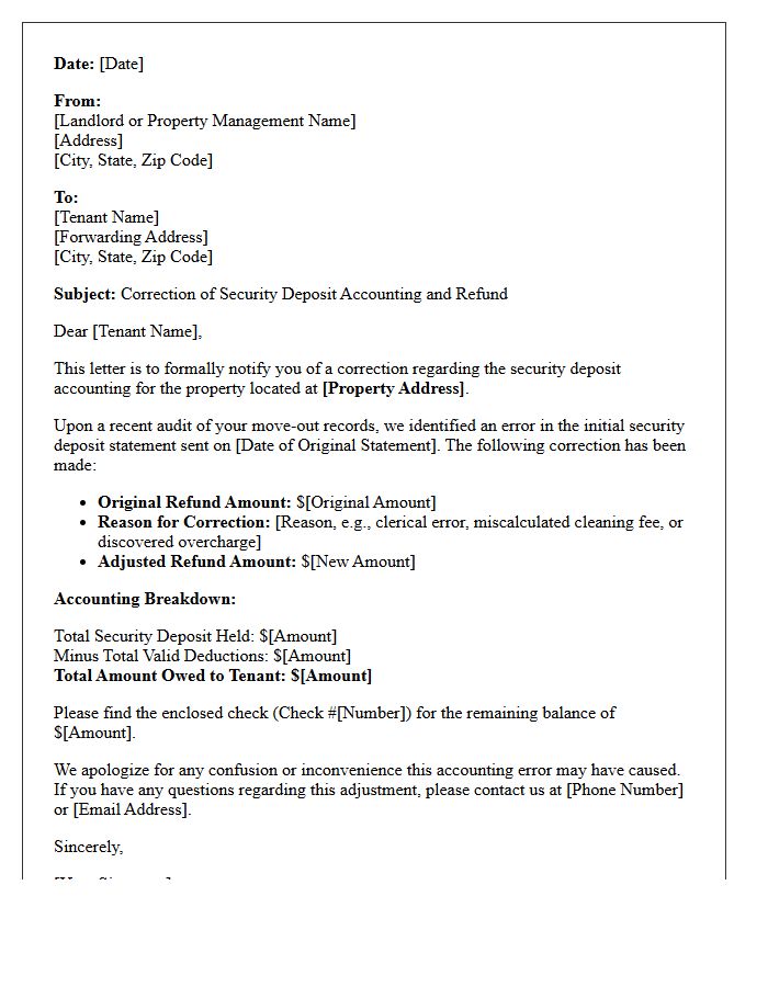 Accounting Correction and Refund Security Deposit Letter