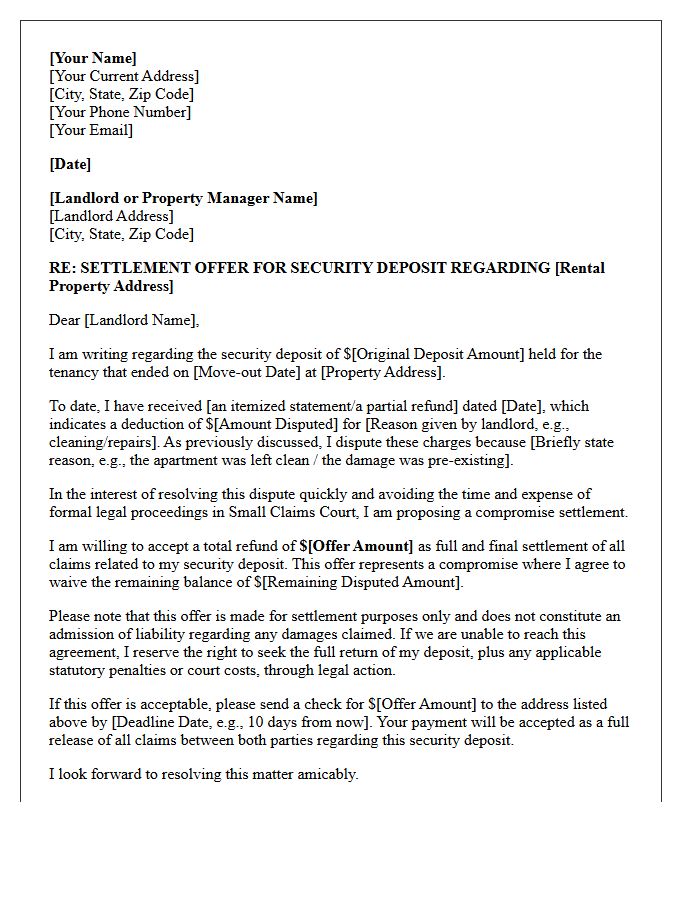 Compromise Settlement Offer Security Deposit Dispute Letter