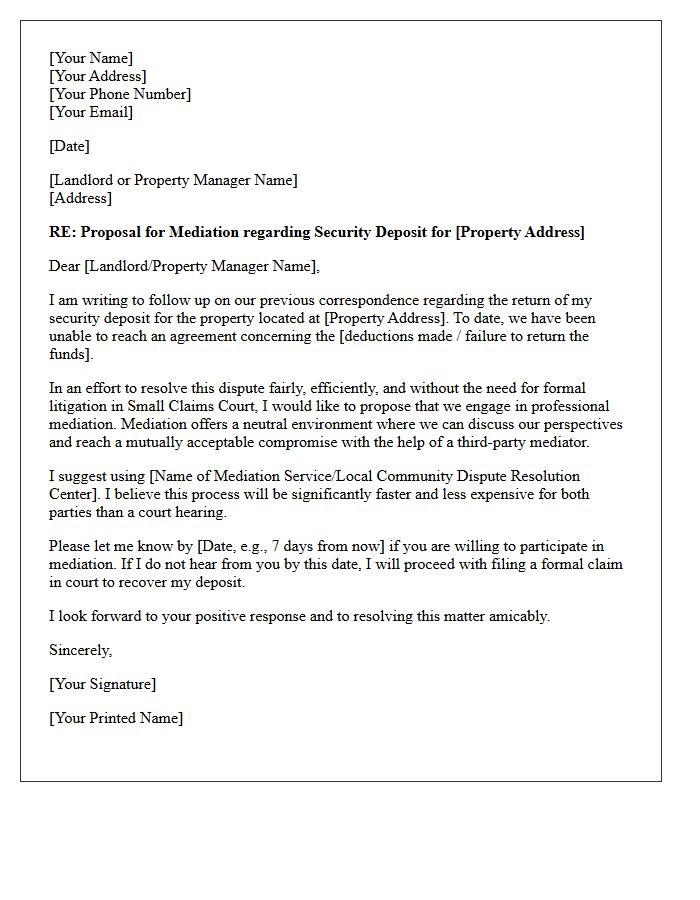 Mediation Proposal Security Deposit Dispute Letter