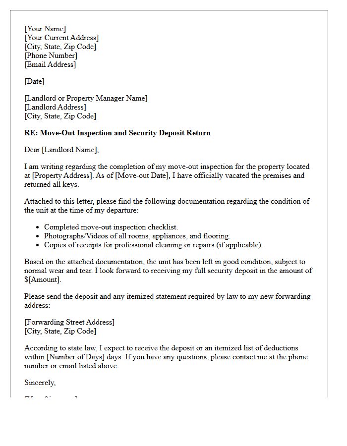 Move-Out Inspection Documentation Security Deposit Letter