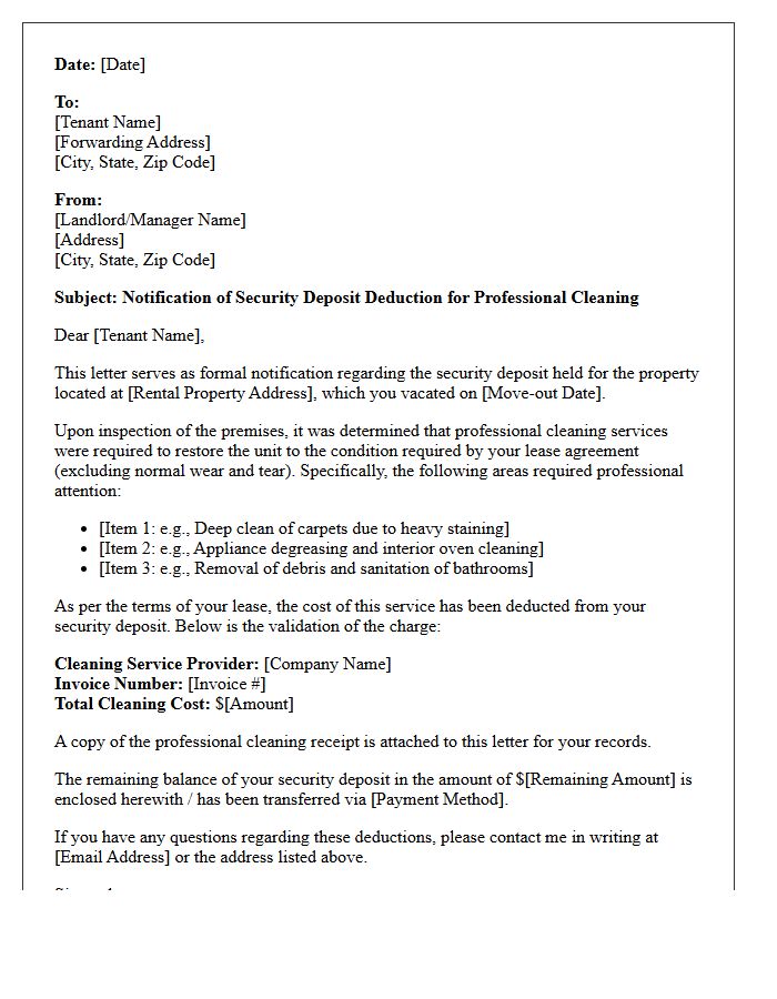 Professional Cleaning Fee Validation Security Deposit Letter