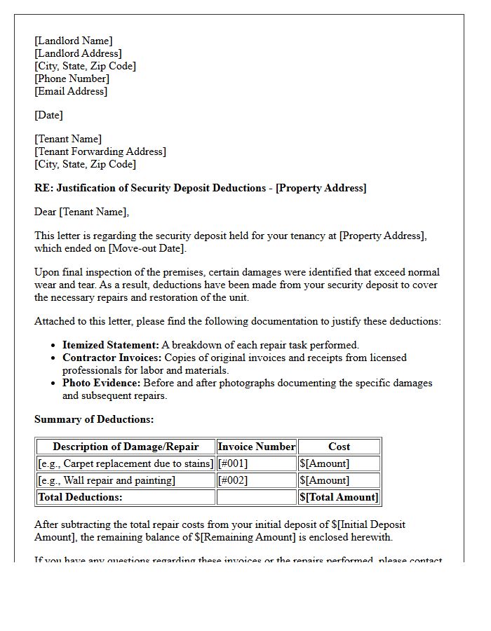Repair Invoice Justification Security Deposit Deduction Letter