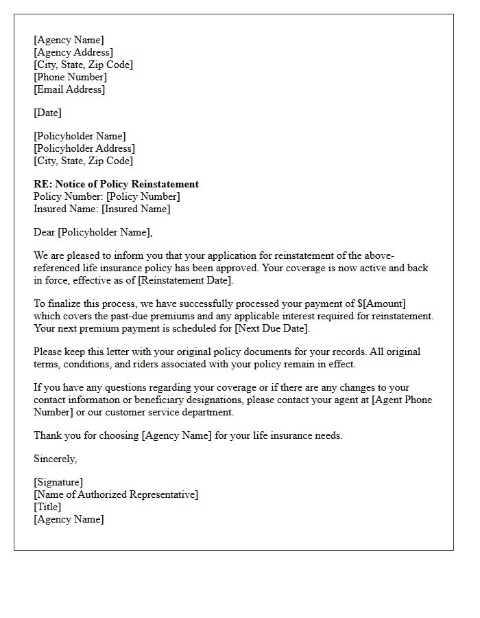 Agency Approved Life Insurance Policy Reinstatement Letter