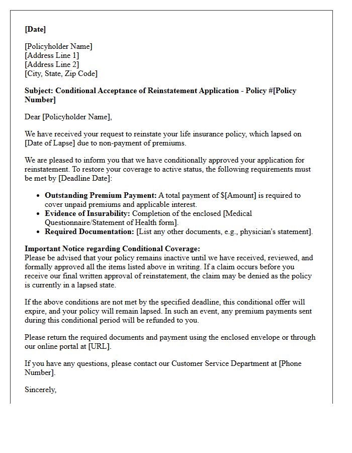 Conditional Life Insurance Policy Reinstatement Letter