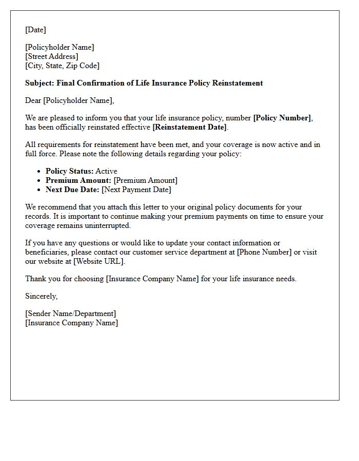 Final Confirmation Life Insurance Policy Reinstatement Letter