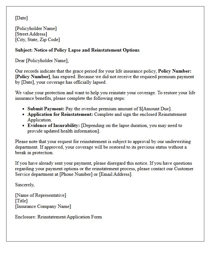 Grace Period Notice Life Insurance Reinstatement Letter