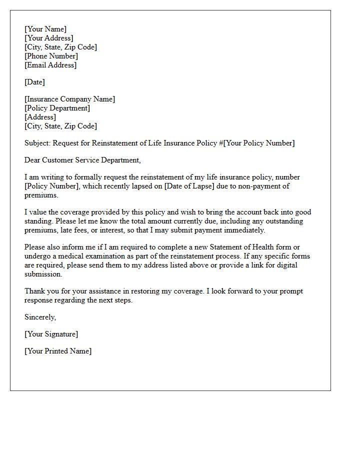 Lapsed Life Insurance Policy Reinstatement Letter