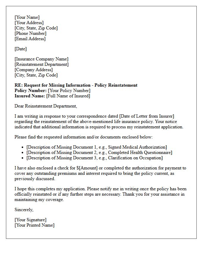 Missing Information Life Insurance Policy Reinstatement Letter