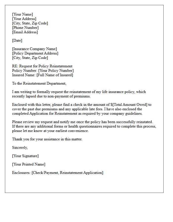 Past Due Premium Life Insurance Reinstatement Letter