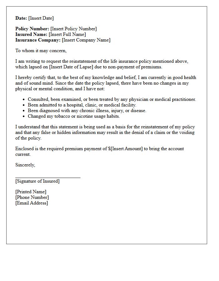 Statement Of Good Health Life Insurance Reinstatement Letter